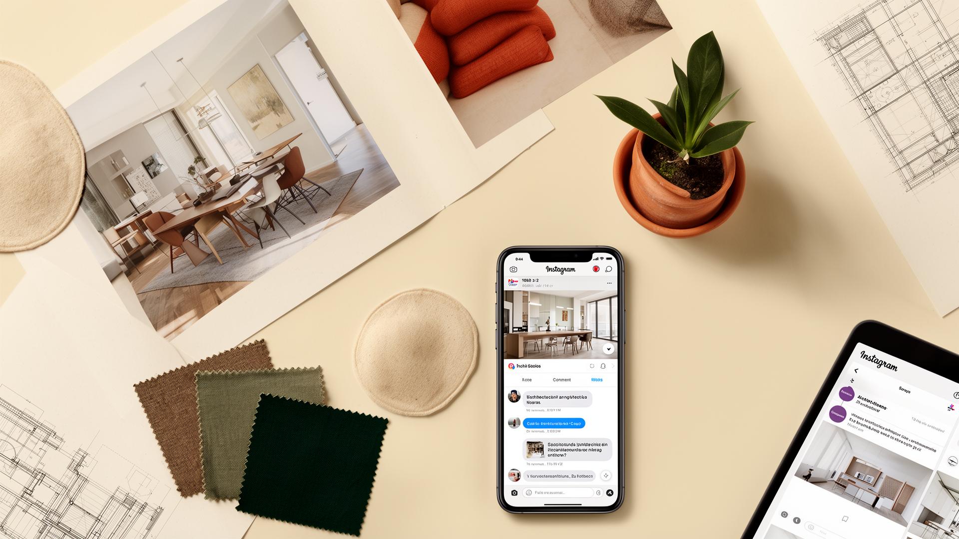 Portfólio impresso com fotos de interiores e celular mostrando feed de Instagram